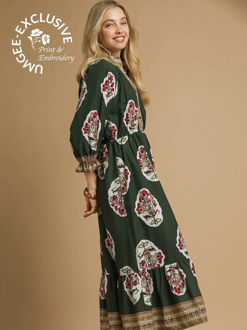 Umgee Black Floral Boho Maxi Dress with Burgundy Accents